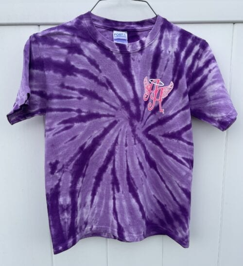 purple tie-dye shirt with Ainsley’s Angels of America logo