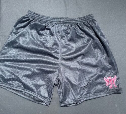 silver gray shorts with Ainsley’s Angels of America logo